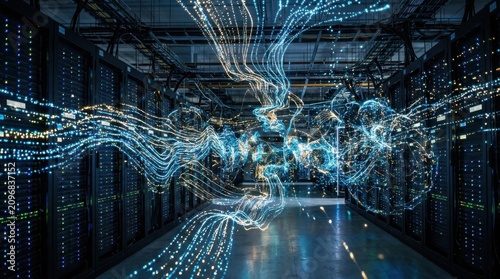 Futuristic Data Center with Streaming Light Data Transmission and Server Racks