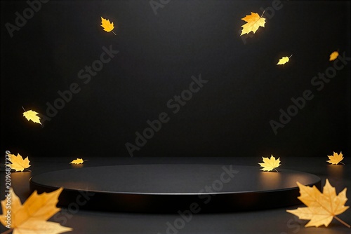 Black podium with falling autumn leaves on dark background