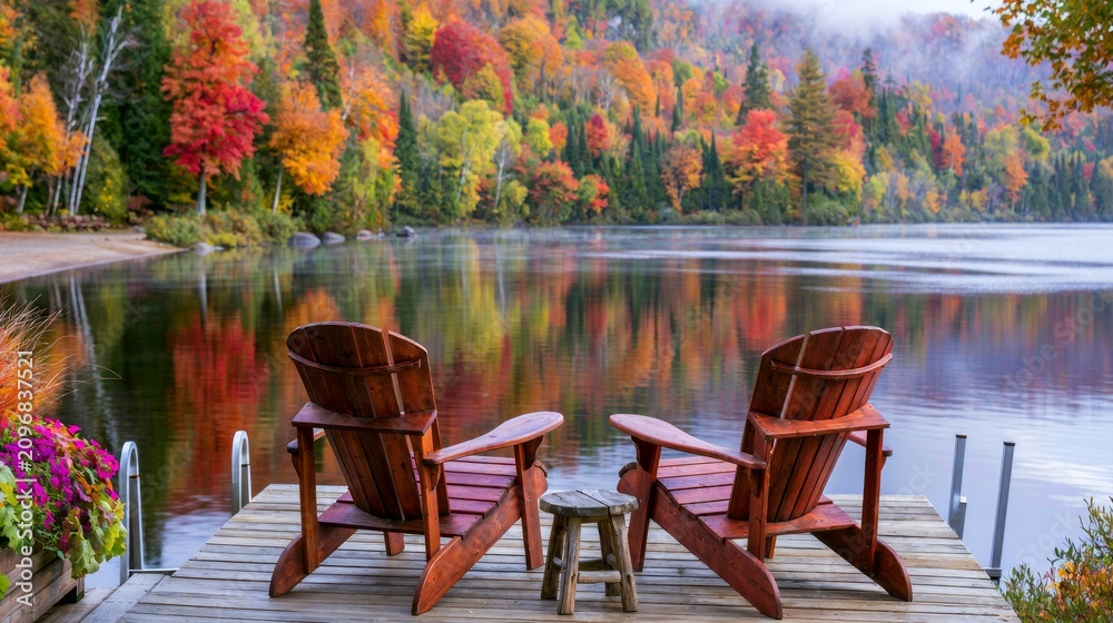Fototapeta premium Inviting Wood Seating on Waterfront with Autumn Colors Surrounding Calm Lake View