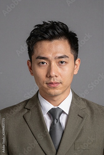 Headshot of serious young asian man in suit and tie on gray background