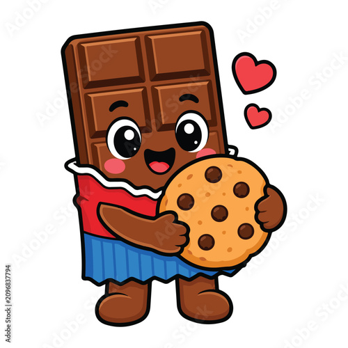 Cute Chocolate Bar Hugging Cookie Cartoon Flat Vector Illustration Kawaii Food Mascot for Stickers, Bakery Branding and Merchandise