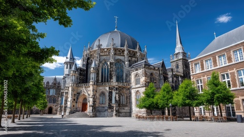 Stunning medieval architecture of Aachen Cathedral surrounded by green trees and blue sky in a vibrant historic square