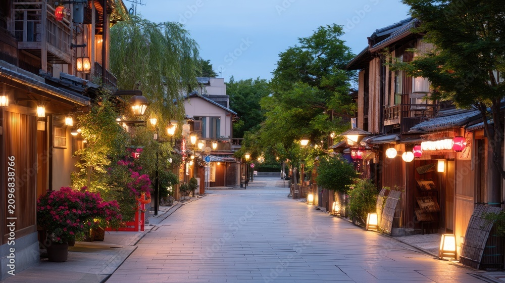 Fototapeta premium Serene Evening Street Scene in Traditional Japanese Town with Soft Lighting and Vibrant Greenery