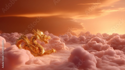 Majestic Golden Dragon Gliding Through Fluffy Pink Clouds at Sunset Over a Dreamy Fantasy Landscape