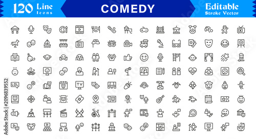 Comedy and Entertainment Icons, Professional Modern Line Icon Pack with Unique Vector Style for Humor, Fun, and Performance Concepts