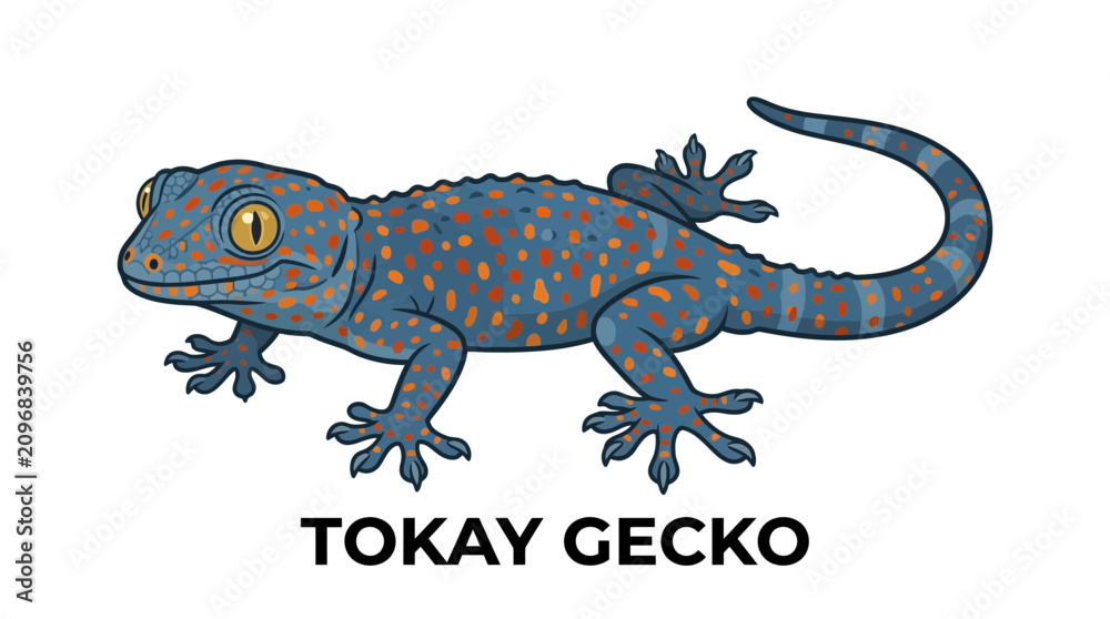 Fototapeta premium Detailed Illustration of a Tokay Gecko with Distinctive Blue Skin and Vibrant Orange Spotted Pattern for Educational Reptile Study