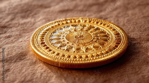 Ornate Golden Coin with Intricate Designs on a Textured Background for Background or Design Use
