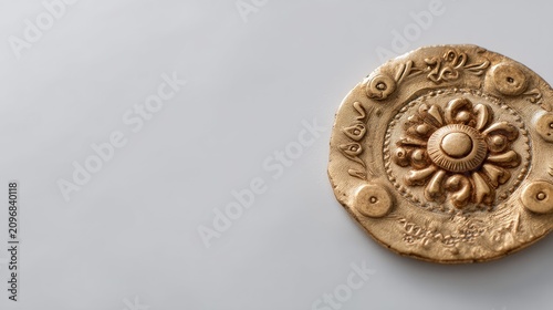 Decorative Round Gold Ornament with Intricate Designs Perfect for Vintage Themes and Cultural Celebrations