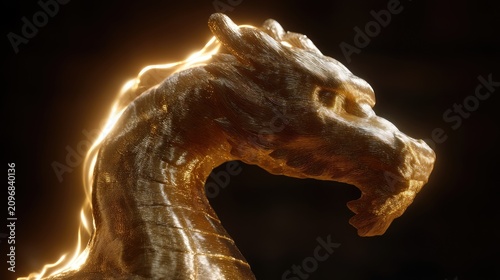 Illuminated Dragon Sculpture in Gold with Flames Capturing Artistic Brilliance and Fantasy Elements