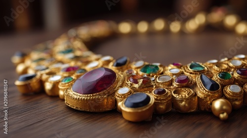 Exquisite Close-Up of Ornate Jewelry with Colorful Gems on a Wooden Surface