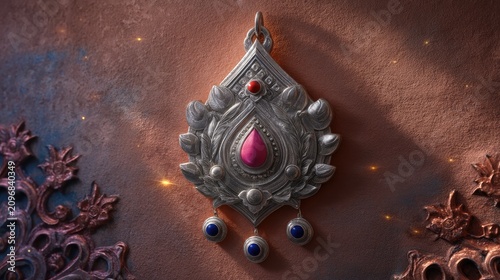 Intricate Silver Pendant with Ruby and Sapphire Accents on Ornate Background