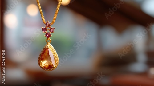 Elegant Golden Necklace with Yellow Gem and Red Accents Against a Soft Background Displaying Luxury and Craftsmanship