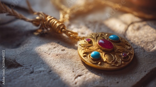 Elegant gold necklace with colorful gemstones on a textured background in warm natural light