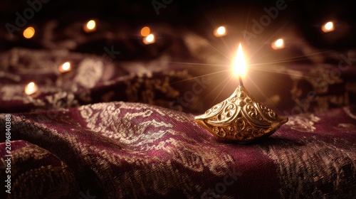 Elegant traditional oil lamp with a flickering flame on rich purple fabric adorned with intricate patterns and soft bokeh background