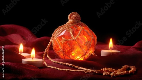 Glowing Amber Crystal Ornaments with Twine and Flickering Candles on a Deep Red Fabric Background