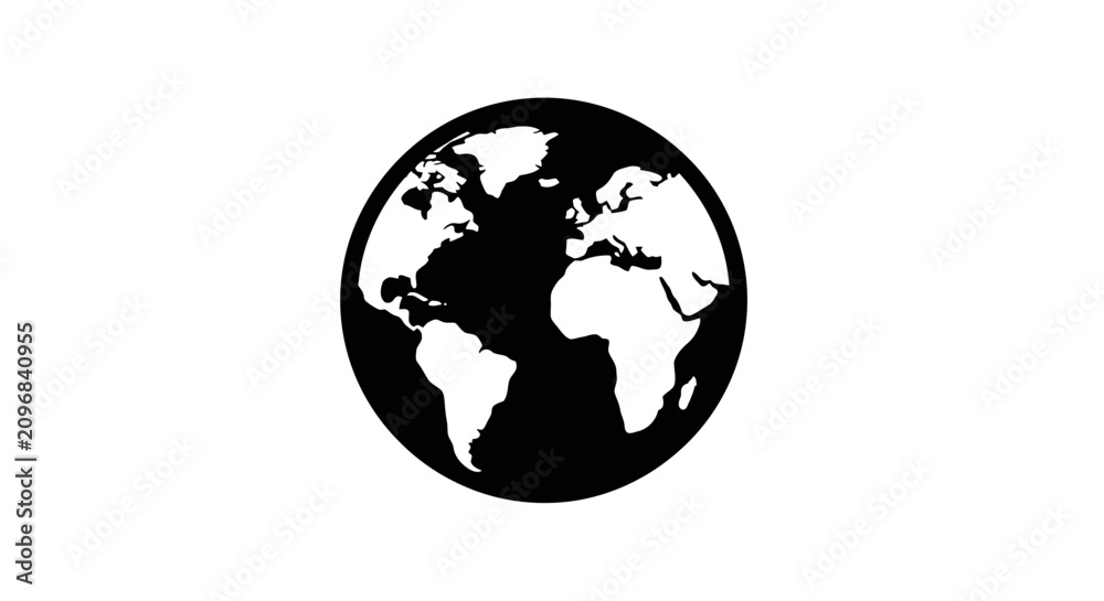 Obraz premium Globe icon displays the earth with continental outlines centered in a bold black circular shape.
