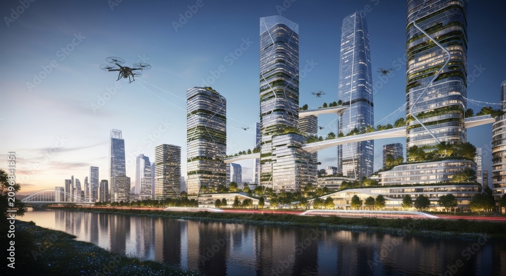 Naklejka premium Futuristic Cityscape with Drones and Modern Architecture by the Water