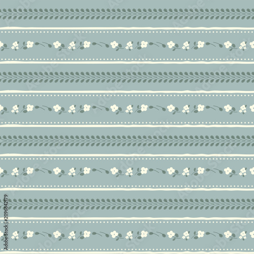 Cute floral seamless pattern background with horizontal stripes, green leaf vines, tiny white flowers on sage blue backdrop. Shabby chic hand drawn wallpaper, vintage cottagecore fabric design.