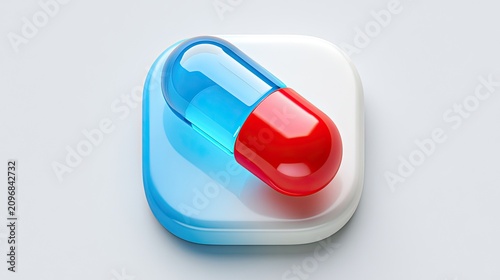 3D stereo medical app icon, red white transparent medicinal capsule rounded square interface, online consultation health medical software promotional PPT design material