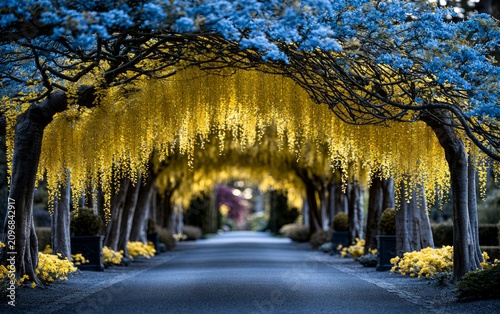 Enchanting Lined Pathway Under Vibrant Yellow Blossoms in Tree Covered Arcadian Landscape