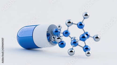 Blue white medicinal capsule overflowing metal molecular structure model white background 3D render, drug molecular pharmacology pharmaceutical research, biomedical medical science PPT design material