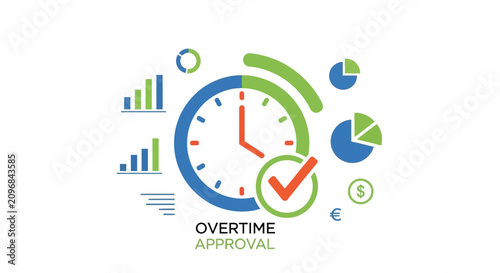 Overtime approval concept with clock charts and checklist vector illustration