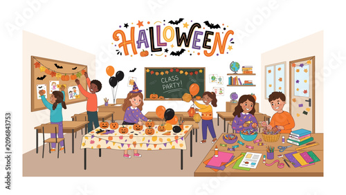 Bild auf Leinwand Halloween Classroom Party: Children enthusiastically decorate a classroom for Halloween, with pumpkins, banners, and festive decorations setting a cheerful, spooky mood