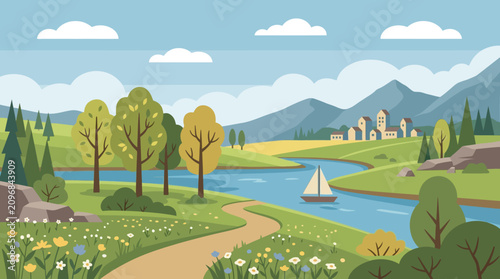 Serene Landscape with River Trees.