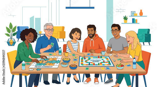 Diverse group playing board game.