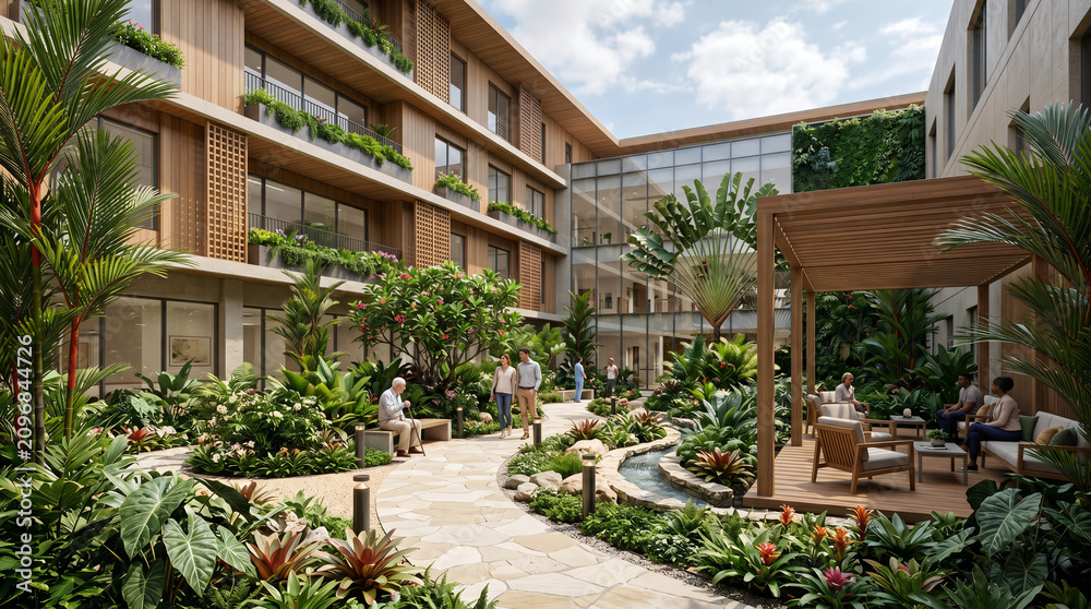 Fototapeta premium Biophilic Outdoor Plaza with Timber Structure and Garden Seating Area