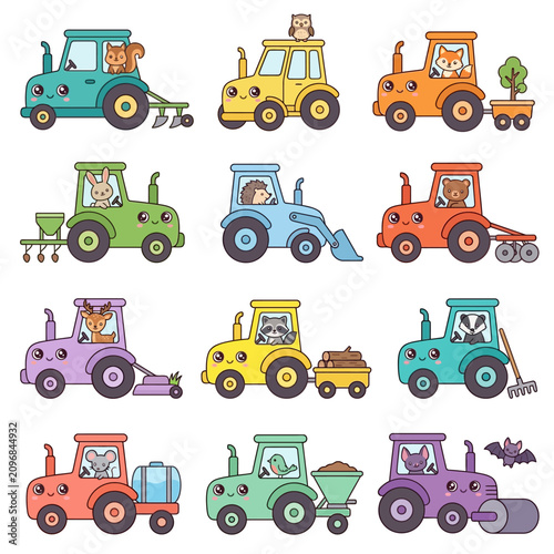 Colorful cartoon tractor vehicles.