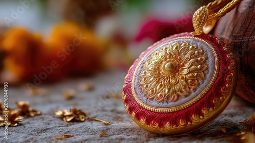Exquisite Traditional Gold Pendant with Intricate Floral Design and Vibrant Color Details on a Soft Fabric Background