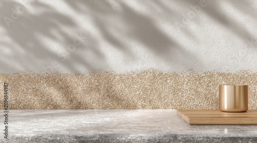 Minimalist Interior Design with Textured Walls and a Modern Cup on a Wooden Tray