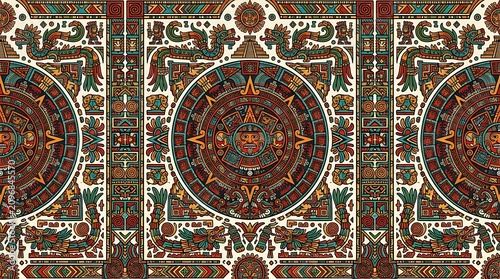 Intricate mesoamerican calendar pattern with serpents and symbols
