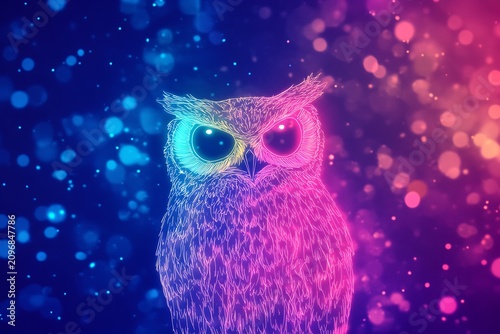 Mesmerizing neon owl in cosmic night