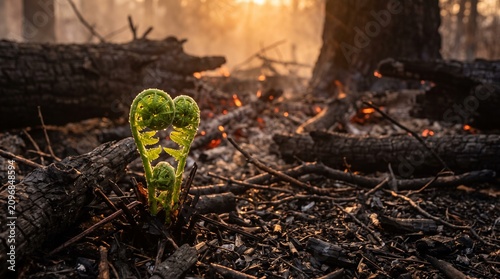 New Green Fern Sprouting from Charred Ground in Burnt Forest after Wildfire, Concept of Hope and Rebirth