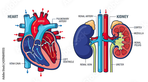 Human Heart and Kidney Anatomy Diagram: Circulation and Filtration System