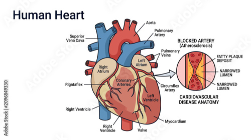 Human Heart Anatomy: Atherosclerosis and Blocked Artery Illustration