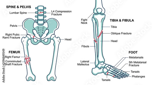 Human Skeletal System Anatomy with Fractures: Spine, Pelvis, Femur, Tibia, Fibula, Foot