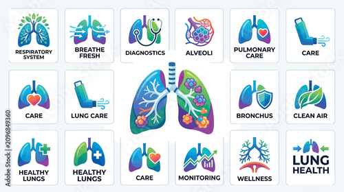Lung Health Icons: Respiratory System, Breathing, Diagnostics, Alveoli, Care, Wellness