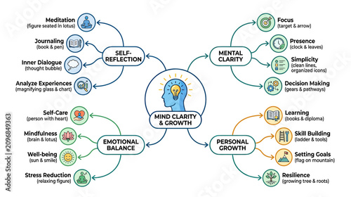 Mind Clarity and Growth Mind Map: Self-Reflection, Emotional Balance, Focus, Learning