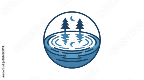 Minimalist Circle Logo: Serene Night Landscape with Trees and Moon