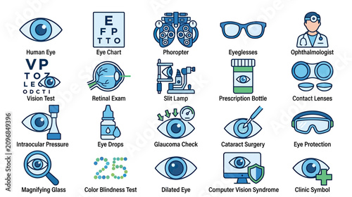 Optometry and Eye Care Icons: Vision Health, Eye Exams, and Eyewear