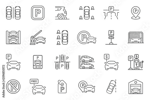 Car parking icon set. Parking sign and symbol. This includes Garage, Paid parking, Free parking, Electric car charging and many more. Collection of parking icon. Vector illustration.