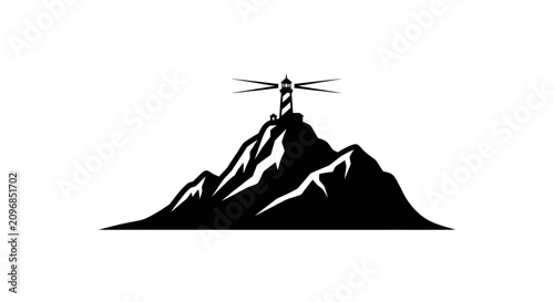 Quadro su tela Lighthouse standing atop a craggy mountain peak emits beams of light into the surrounding darkness