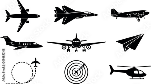 Fotografía Airplane and Aviation Silhouette Icon Set with Commercial Passenger Jets Fighter