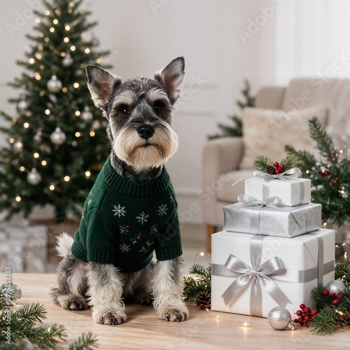 Standard Schnauzer dog in Christmas sweater sitting on wooden table with gifts near tree festive pet background banner for advertising holiday marketing and website use
