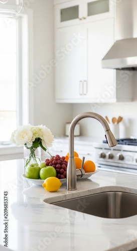 Modern kitchen faucet and fresh fruit bowl with white hydrangeas