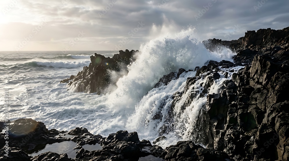 Fototapeta premium Powerful ocean waves crashing against dark volcanic rocks at sunset