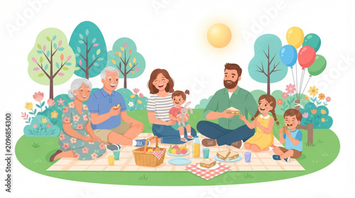 Multigenerational family enjoying cheerful outdoor picnic with food balloons with floating balloons adding festive cheer surrounded blooming flowers